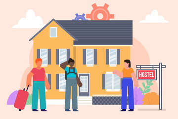 Obraz na płótnie Canvas Apartment rent, hostel concept. Group of tourists stand in front of hostel. Poster for social media, web page, banner, presentation. Flat design vector illustration