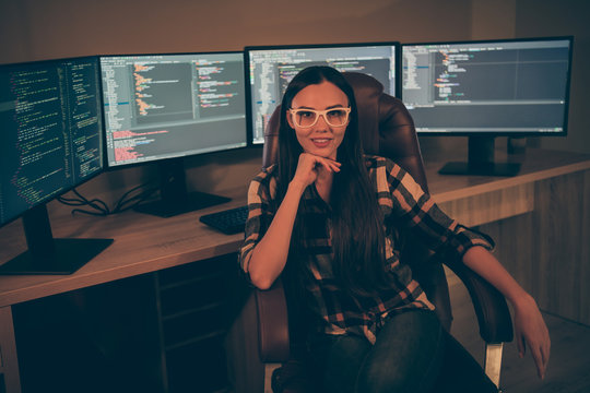 Photo of cheerful positive happy smiling girl joyful about having been hired for working for company specializing at developing of artificial intelligence
