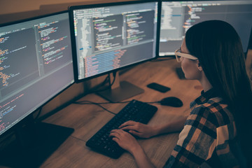 Back rear view of system administrator modifying corporate security software to prevent company...