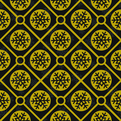 Vector seamless geometric pattern with golden snowflakes on black background; winter design for greeting card, gift box, wallpaper, wrapping paper, fabric, web design.