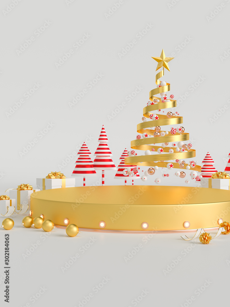 Poster 3d rendering of christmas tree and gift display platform