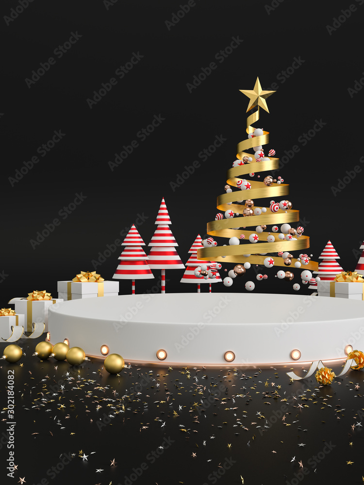 Poster 3d rendering of christmas tree and gift display platform