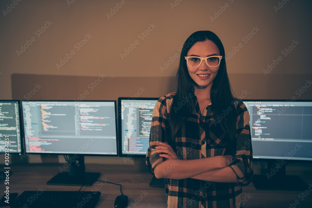 Poster photo of cheerful positive happy joyful smiling girl toothy beaming standing on the background of va