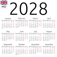 Calendar 2028, English, Monday