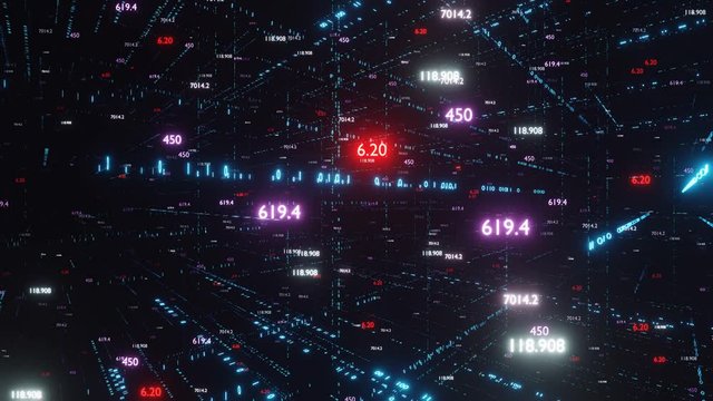 Digital matrix. Big data. The camera flies through digital binary space with different counters. Slow motion. The counters are always facing the camera. Endless loop 4K