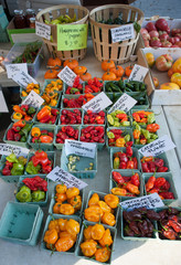 Various types of hot chilli peppers for sale at an outdoors farmers market