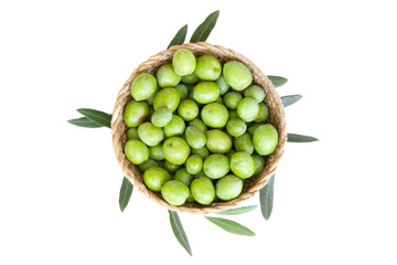 top view of raw fresh green olives and leaves isolated on white background.