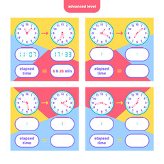 Elapsed time and Telling time worksheet for kids. Understanding analog and digital clocks. Educational Game Set. Math game.