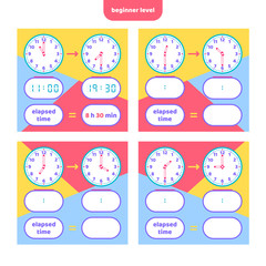 Elapsed time and Telling time worksheet for kids. Understanding analog and digital clocks. Educational Game Set. Math game.