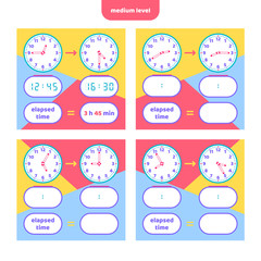 Elapsed time and Telling time worksheet for kids. Understanding analog and digital clocks. Educational Game Set. Math game.