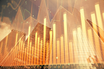 Obraz premium Forex chart on cityscape with skyscrapers wallpaper multi exposure. Financial research concept.