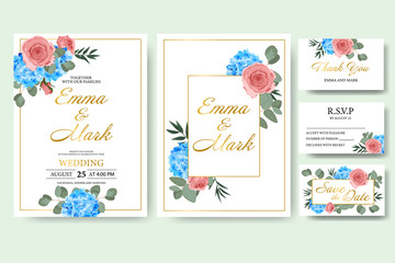 Wedding floral invitation card save the date design with green leaf herbs eucalyptus, rose, hydrangea and golden frame. Botanical elegant decorative vector template
