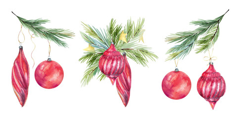 Watercolor isolated Christmas wreath, fir, Christmas balls, decor, round frame. Christmas clipart illustration