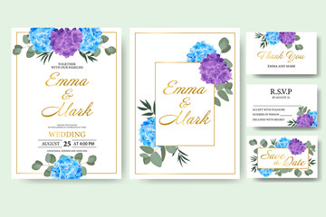 Wedding floral invitation card save the date design with green leaf herbs eucalyptus, hydrangea and golden frame. Botanical elegant decorative vector template