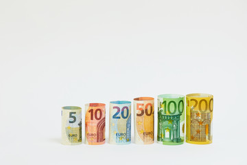 Different Euro banknotes from 5 to 200 Euro