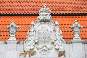 Bas-relief on the building Koenigsberg higher regional court. Kaliningrad (formerly Konigsberg), Russia 