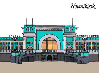 Alexander Nevsky Cathedral, the Orthodox Cathedral in Novosibirsk, Russia. Named in honor of Saint Alexander Nevsky. Color vector illustration.