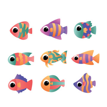 Isolated river fish. Set of freshwater aquarium cartoon fishes.