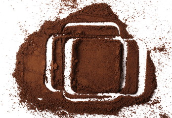 Instant powdered coffee for espresso frame isolated on white background, top view