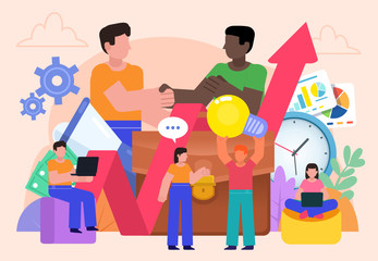 Successful deal or partnership concept. Group of people stand near various business elements. Poster for social media, web page, banner, presentation. Flat design vector illustration