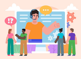 Online support, help or FAQ concept. Group of people stand near big screen with support manager. Poster for social media, web page, banner, presentation. Flat design vector illustration