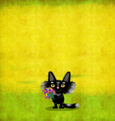 Black Yellow Eyed Kitten With Flowers