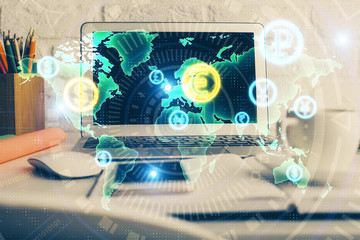 Financial chart drawing and table with computer on background. Double exposure. Concept of...
