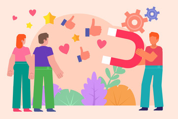 Social media likes and subscribers increase cheat. Man pulling thumb up, heart icons with big magnet. Poster for social media, web page, banner, presentation. Flat design vector illustration