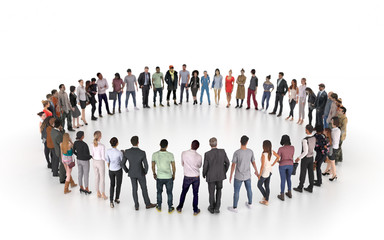 A group of different people stand in a circle isolated on a white background. A social event or public meeting with an empty stage for a performance. 3D rendering.