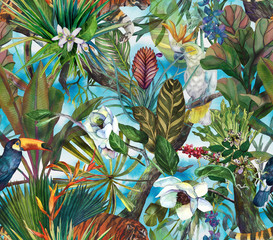 Cotton fabric Tropical pattern with tiger and tropical flowers. Seamless pattern with orchids and wild cat.