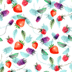 Fototapeta na wymiar Vintage seamless watercolor pattern. Berry set - raspberries, blackberries, Strawberry, wild strawberries, green leaves, branches. Hand drawn watercolor painting raspberry. Botanical illustration. 
