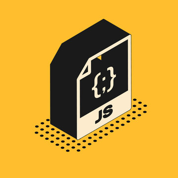 Isometric JS file document. Download js button icon isolated on yellow background. JS file symbol. Vector Illustration