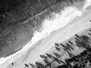 Black and white aerial photo of a beach in Hawaii