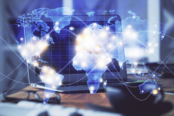 Multi exposure of business theme icons and table with computer background. Concept of success.