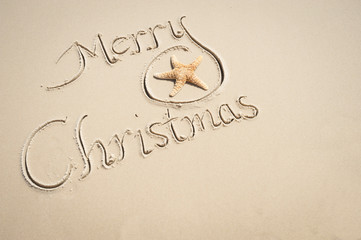 Simple eco-friendly Merry Christmas message in handwritten calligraphic script in sand decorated with a natural starfish