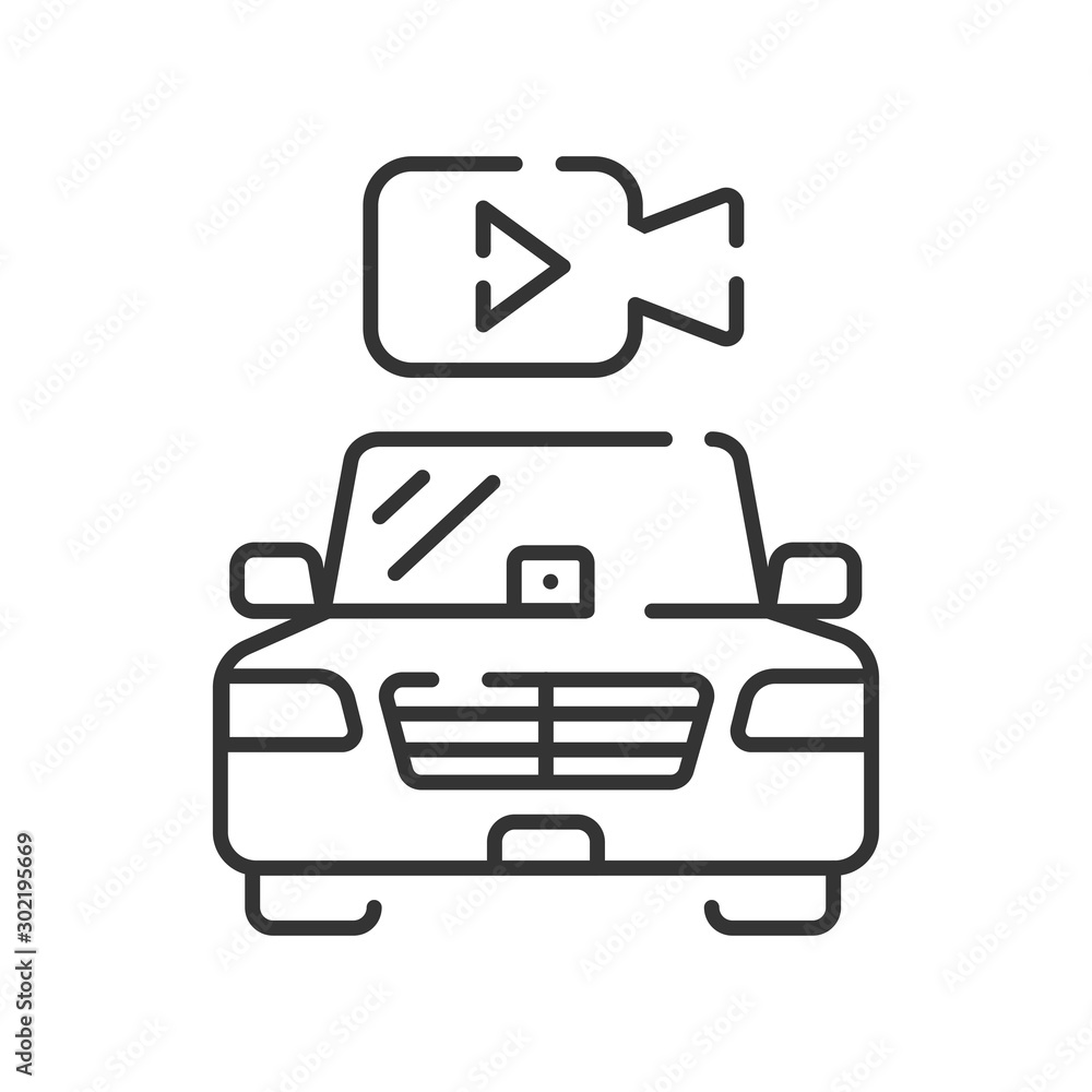 Poster autonomous car with video camera black line icon. dvr, driving observation concept. driverless auto.