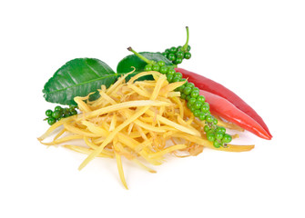 set of fresh Thai herbs Rhizome, Kaffir lime leaves, red hot chili and peppercorns on white background