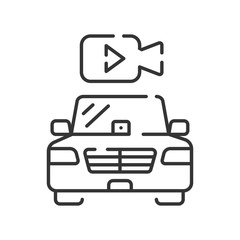 Obraz premium Autonomous car with video camera black line icon. DVR, driving observation concept. Driverless auto. Pictogram for web page, mobile app, promo. UI UX GUI design element. Editable stroke.