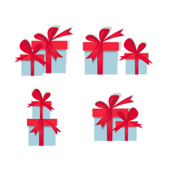 Collection of wrapped christmas gifts with red bows. Tradition gifts set in paper cut style. Christmas gifts icons set for boxing day, isolated on white background. Vector illustration eps 10.