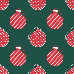 Seamless pattern with hand drawn doodle illustration of Christmas tree ornaments. New Year and Christmas tree vector decoration on dark green background. Fabric, textile print, greeting card template