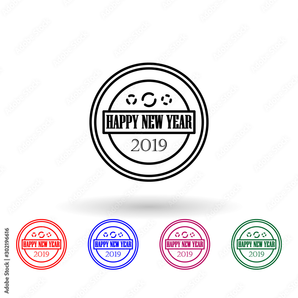 Poster happy new year 2019 stamp multi color icon. simple thin line, outline vector of stamp happy new year