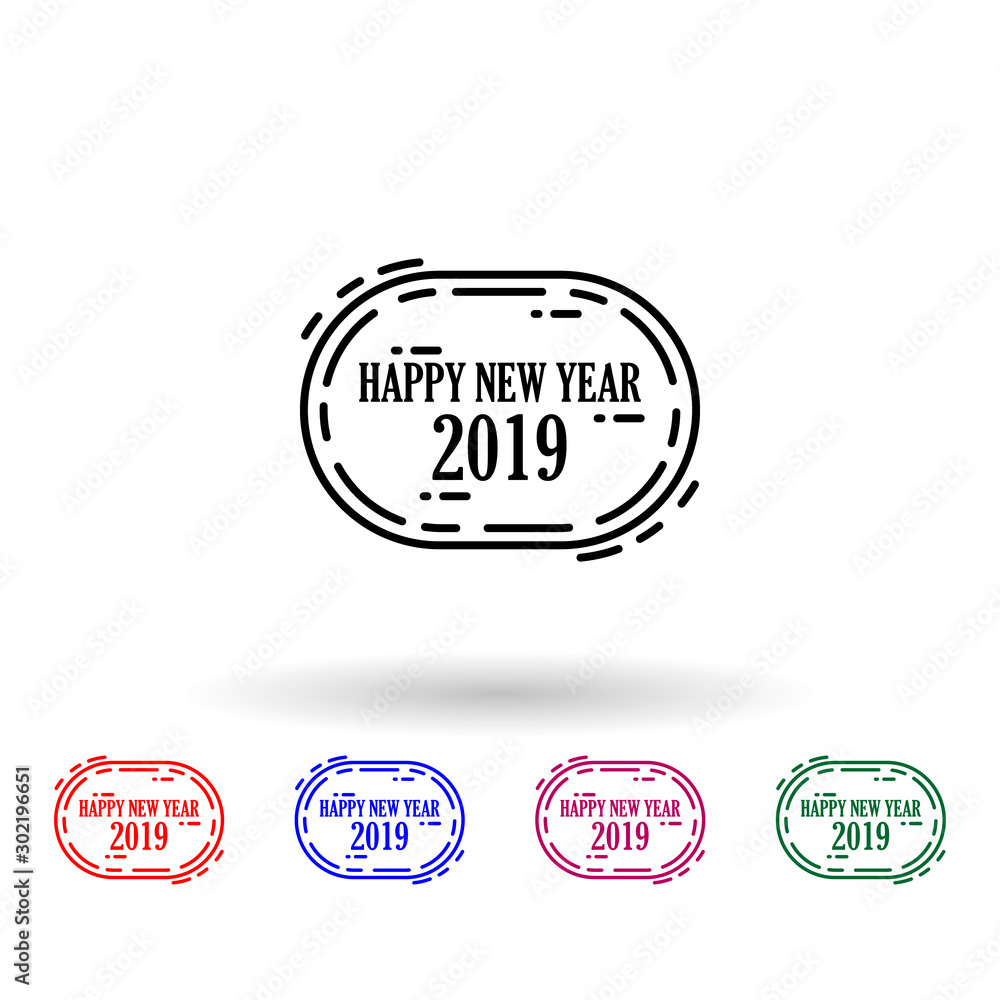 Poster happy new year 2019 stamp multi color icon. simple thin line, outline vector of stamp happy new year