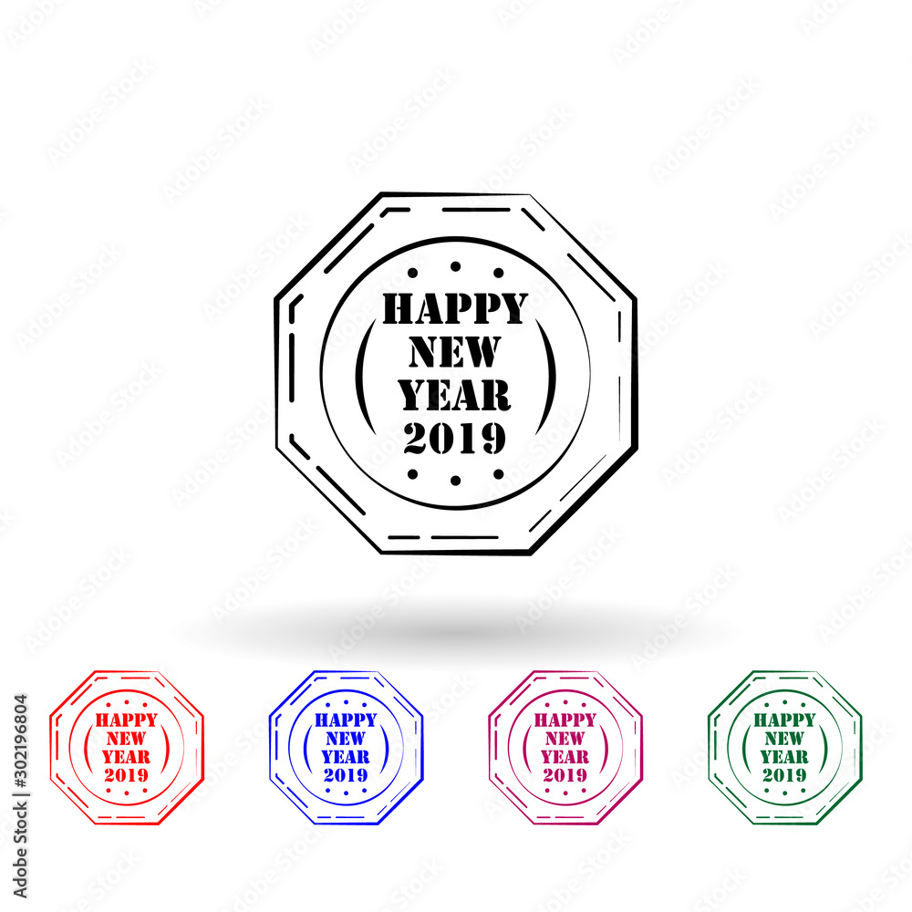 Poster happy new year 2019 stamp multi color icon. simple thin line, outline vector of stamp happy new year