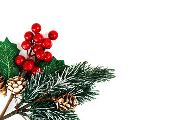 Different christmas decorations on white background, top view, text space
