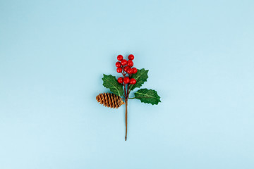 Christmas holly branch with red berries on blue background