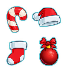 Christmas Cartoon Icon Set - Candy Cane Santa Hat Stocking Ball