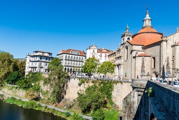 View of Sao Goncalo church from across the Tamega River in Amarante, Portugal.