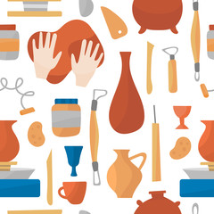 Pottery wheel and ceramics vector seamless pattern for background, print or textile. Pots, dishes, teapots, tools for clay, stacks, stages of work on the potter's wheel. Hands move clay top. 