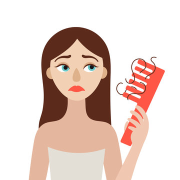 A young woman with hair loss problem. Comb in her hand. Alopecia. Flat isolated vector illustration on white background