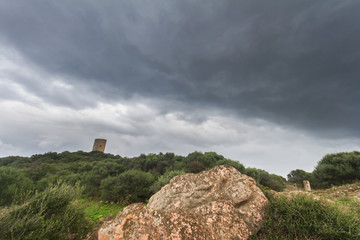 aerial view with drone of the castle torre dei doria chiaramonti santa maria goghinas in sardinia